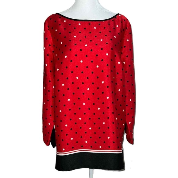 Liz Claiborne Tops - NWT Liz Claiborne Career Blouse Womens M Red Polka Dot Heart Boat Neck Tie Cuff